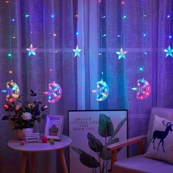 ⁦حبل إضاءة ملونة بتصميم نجمة وهلال⁩ - الصورة ⁦1⁩