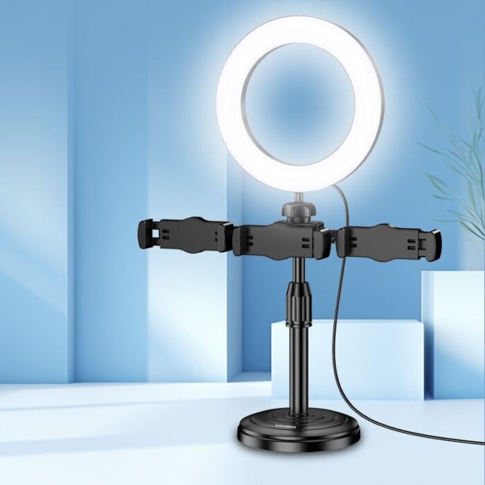 ⁦ستاند مكتبي مع حلقة مضيئة يحمل 3 جوالات  لتصوير لايفات من KAKUSIGA⁩ - الصورة ⁦3⁩