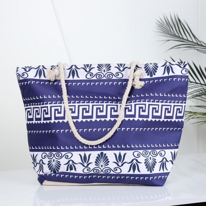 ⁦شنطة يد قماش للرحلات بتصميم مزخرف لون أزرق وأبيض⁩ - الصورة ⁦1⁩