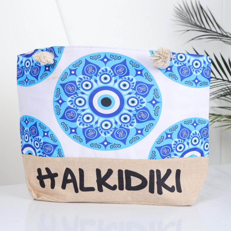 ⁦شنطة يد قماش للرحلات بتصميم عين لون أبيض⁩ - الصورة ⁦1⁩