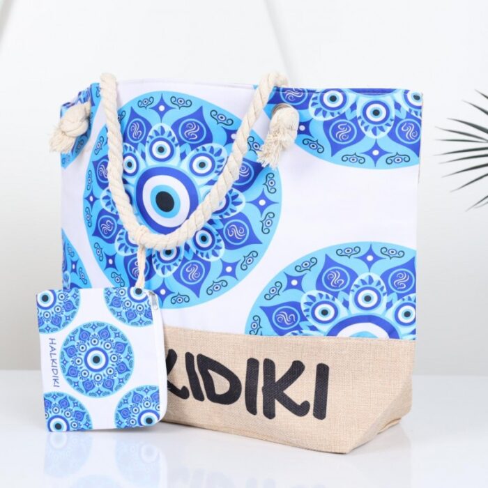 ⁦شنطة يد قماش للرحلات بتصميم عين لون أبيض⁩ - الصورة ⁦6⁩