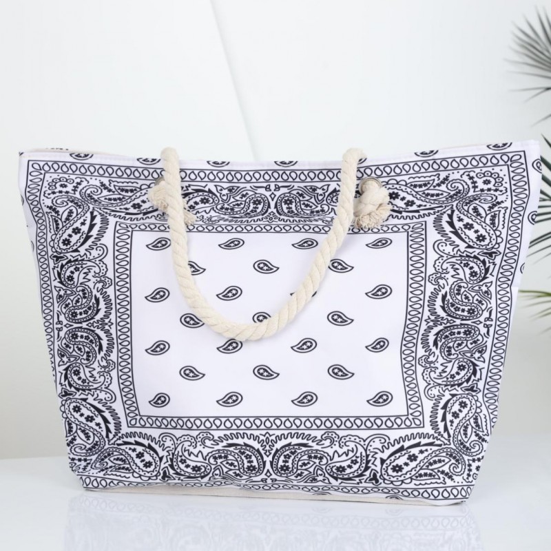 ⁦شنطة يد قماش للرحلات بزخرفة لون أبيض⁩ - الصورة ⁦1⁩