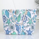 شنطة يد قماش للرحلات بخرفة بحرية لون أبيض