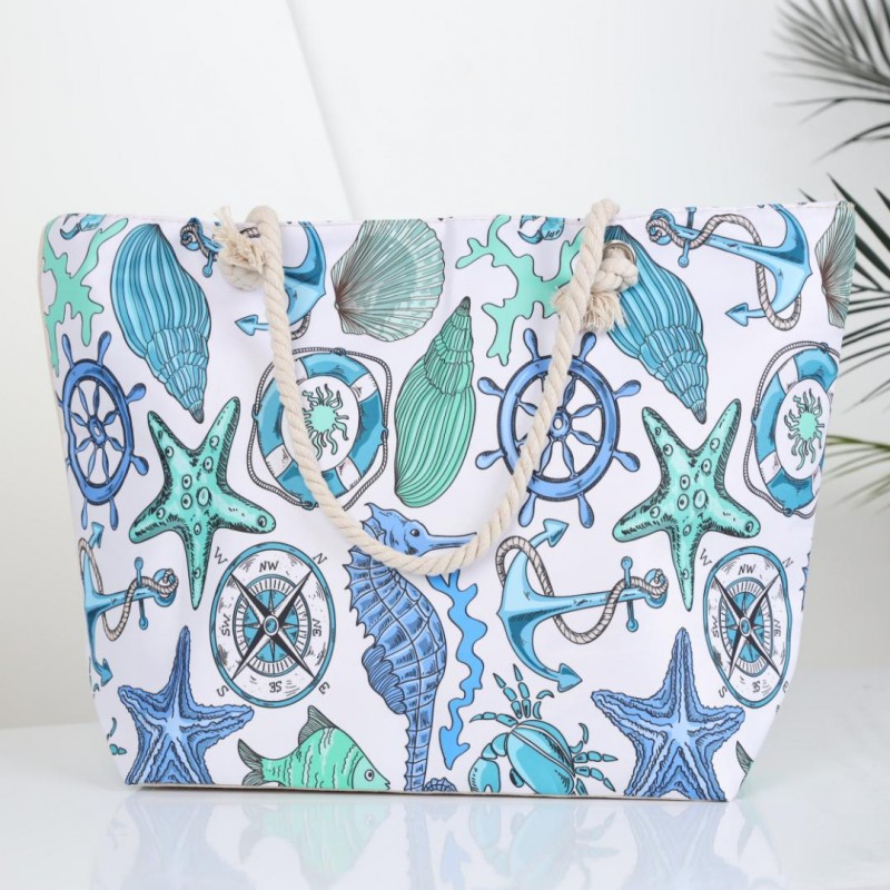 ⁦شنطة يد قماش للرحلات بخرفة بحرية لون أبيض⁩ - الصورة ⁦1⁩