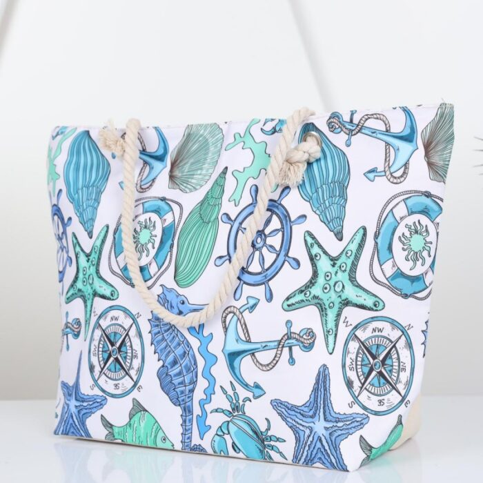 ⁦شنطة يد قماش للرحلات بخرفة بحرية لون أبيض⁩ - الصورة ⁦2⁩