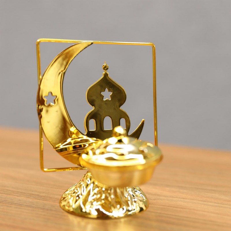 ⁦مبخرة معدنية دائرية قطر 9 سم بتصميم اهلا رمضان لون ذهبي⁩ - الصورة ⁦1⁩