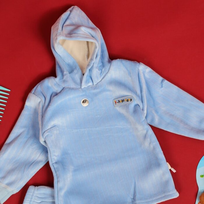 ⁦بجامة مبطنة بطاقية (قطعتين) للأطفال لون أزرق⁩ - الصورة ⁦3⁩