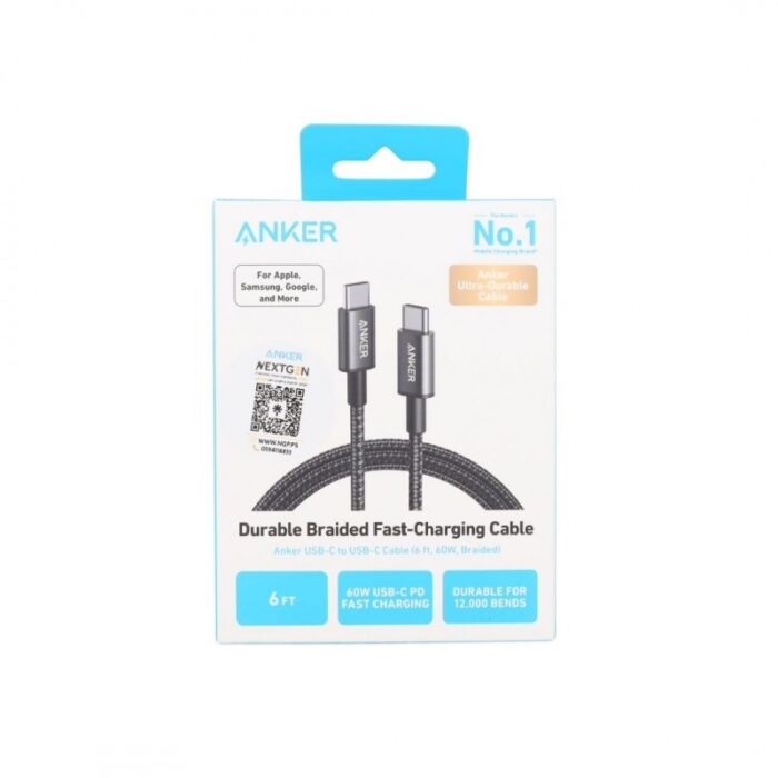 ⁦ANKER Durable Braided Fast-Charging USB-C to USB-C Cable 60W 6 Ft ( 1.8 M )⁩ - الصورة ⁦2⁩
