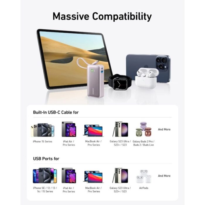 ⁦ANKER Lightweight with Built-in USB-C Cable 10000mAh 30W Nano Power Bank⁩ - الصورة ⁦2⁩