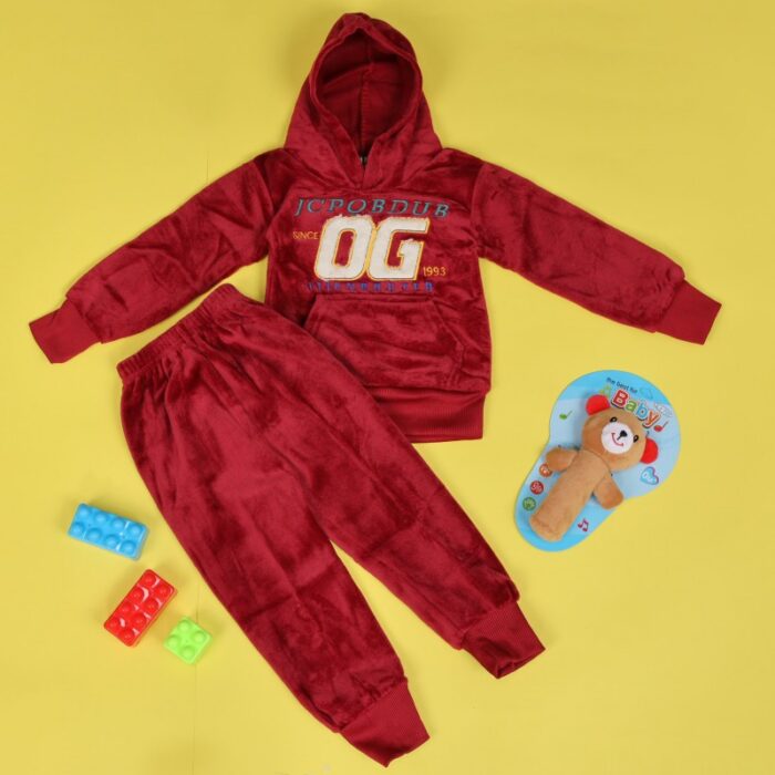 ⁦بجامة بأكمام طويلة وطاقية (قطعتين) للأطفال لون خمري وكحلي⁩ - الصورة ⁦2⁩