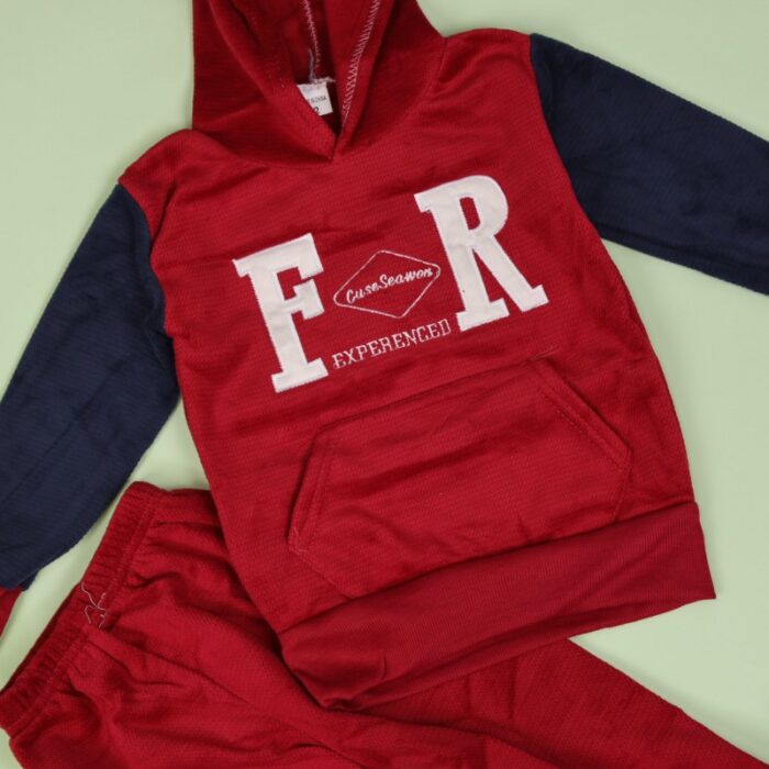 ⁦بجامة بأكمام طويلة وطاقية (قطعتين) للأطفال لون خمري وكحلي⁩ - الصورة ⁦2⁩