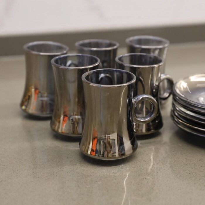 ⁦طقم كاسات زجاج شاي مع صحون 6 قطع لون سكني⁩ - الصورة ⁦2⁩