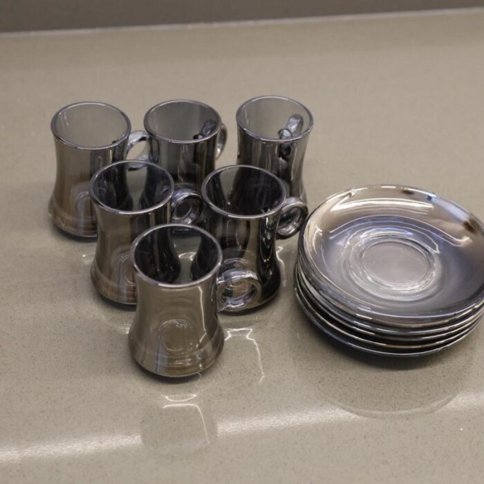 ⁦طقم كاسات زجاج شاي مع صحون 6 قطع لون سكني⁩ - الصورة ⁦4⁩