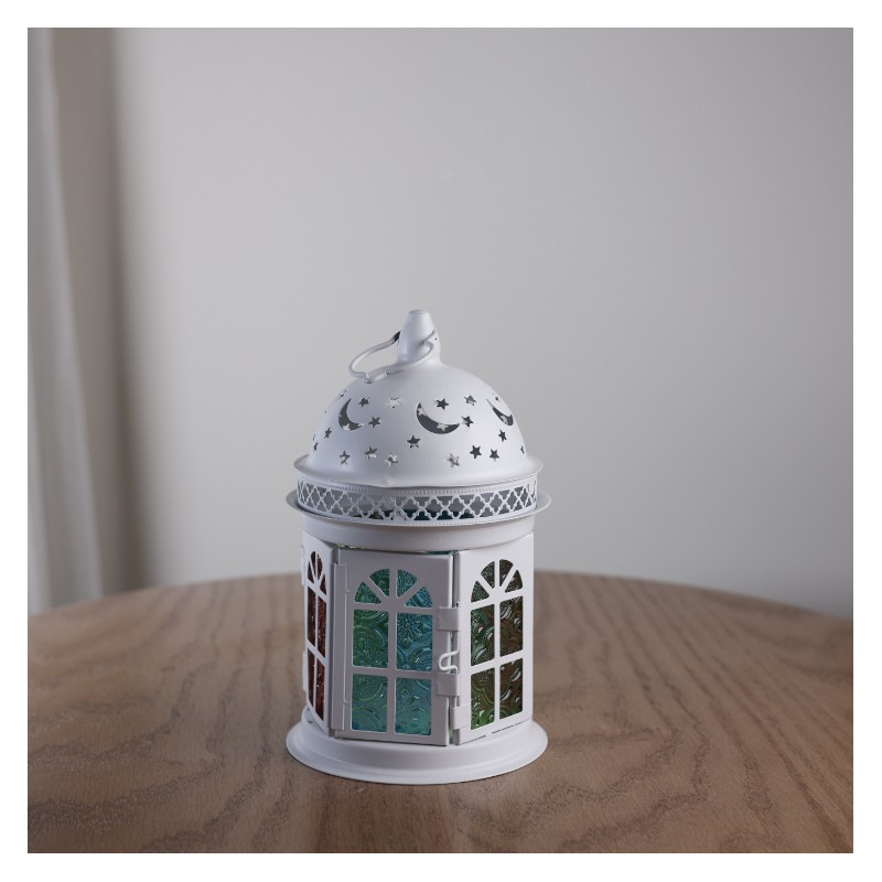 ⁦فانوس ابيض مع شبابيك ملونة دائري القاعدة طول 23سم  قطر 12 سم⁩ - الصورة ⁦1⁩