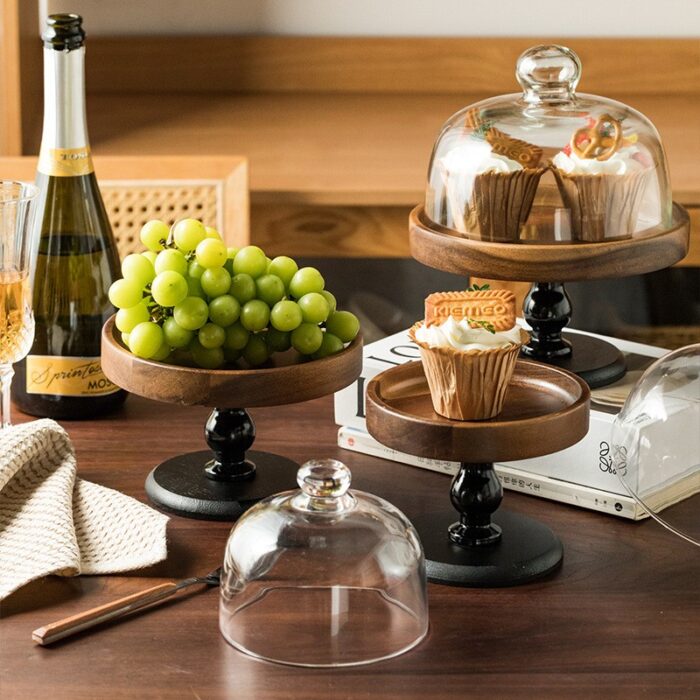 ⁦مضيفة خشب مع ستاند وغطاء زجاجي قطر داخلي 19 خارجي 20 طول 13 سم⁩ - الصورة ⁦5⁩