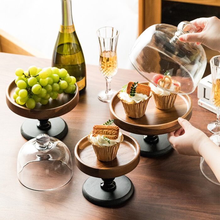 ⁦مضيفة خشب مع ستاند وغطاء زجاجي قطر داخلي 19 خارجي 20 طول 13 سم⁩ - الصورة ⁦6⁩