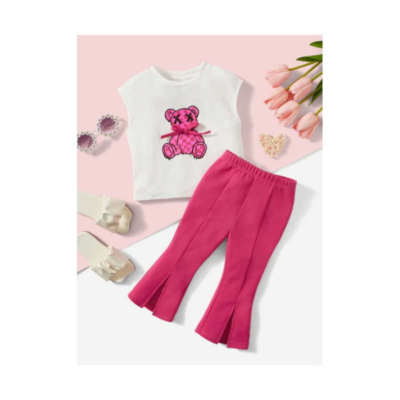 ⁦طقم بناتي قطعتين لون ابيض وفوشي⁩ - الصورة ⁦1⁩