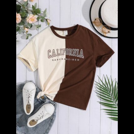 تيشيرت نص كم بتصميم لوس انجلوس للأطفال لون أبيض وبني