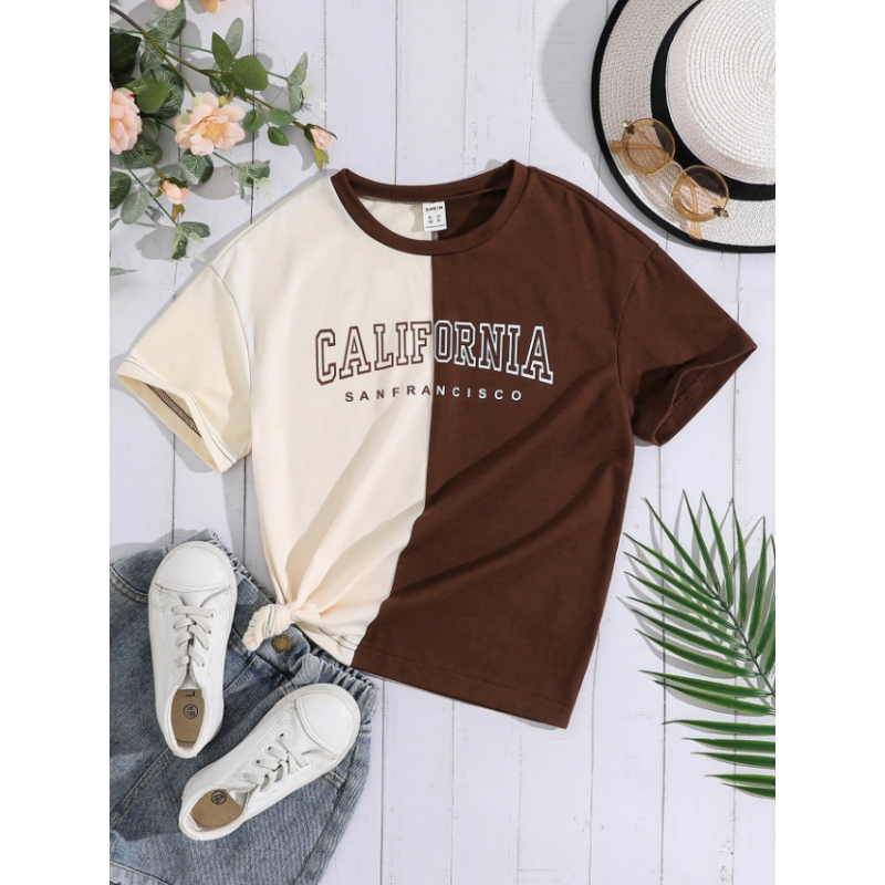 ⁦تيشيرت نص كم بتصميم لوس انجلوس للأطفال لون أبيض وبني⁩ - الصورة ⁦1⁩