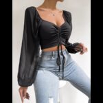 ⁦بلوزة قصيرة بتصميم رباط للنساء لون اسود⁩ - الصورة ⁦3⁩