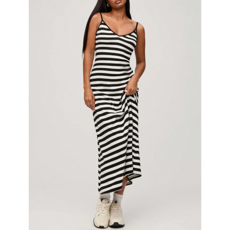 ⁦فستان بلا أكمام للنساء مخطط أسود وأبيض⁩ - الصورة ⁦1⁩