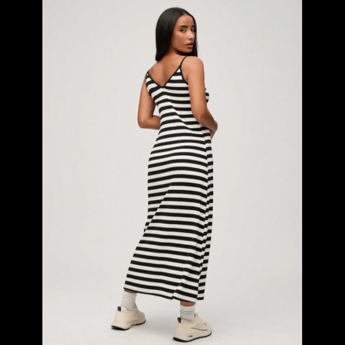 ⁦فستان بلا أكمام للنساء مخطط أسود وأبيض⁩ - الصورة ⁦2⁩