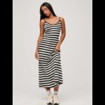 ⁦فستان بلا أكمام للنساء مخطط أسود وأبيض⁩ - الصورة ⁦4⁩