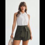 ⁦شورت نسائي بعقدة أمامية للنساء لون زيتي⁩ - الصورة ⁦4⁩