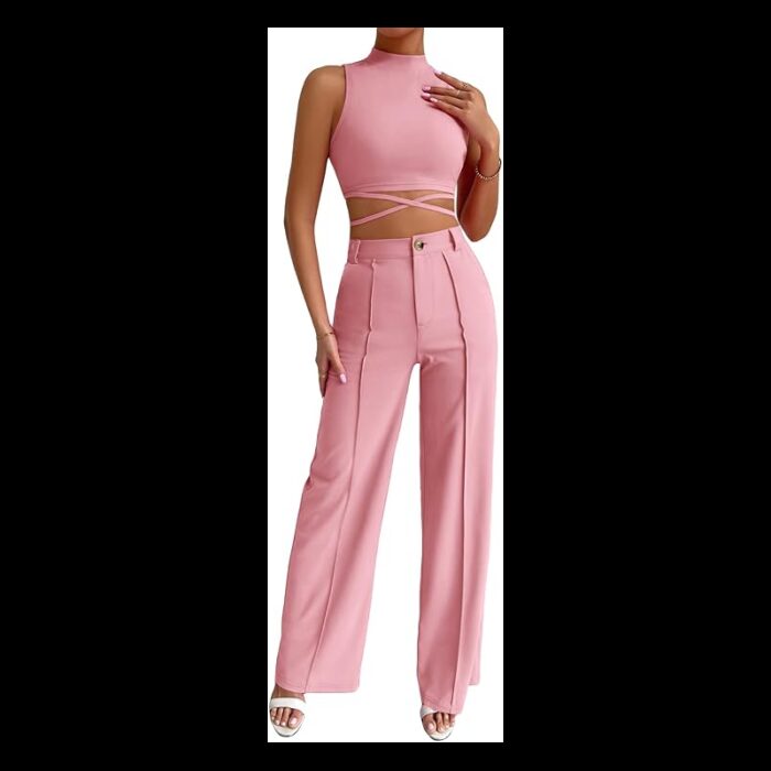 103378689_67de16068debd طقم مكون من قطعتين توب قصير وبنطلون واسع الساق للنساء لون زهري - الصورة 1