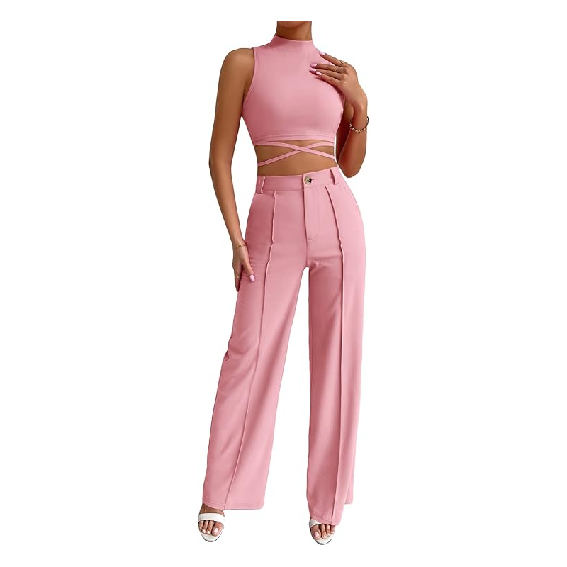 103378689_67de16068debd طقم مكون من قطعتين توب قصير وبنطلون واسع الساق للنساء لون زهري - الصورة 1