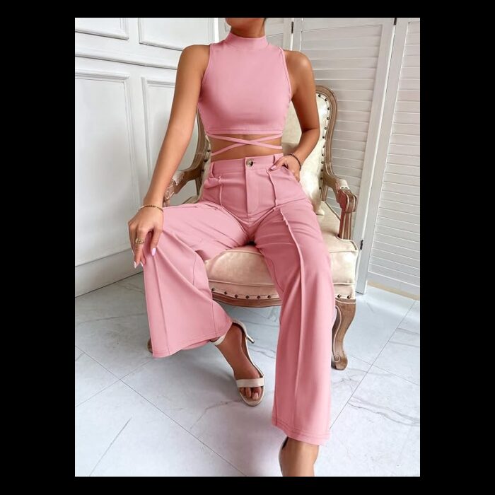 ⁦طقم مكون من قطعتين توب قصير وبنطلون واسع الساق للنساء لون زهري⁩ - الصورة ⁦5⁩