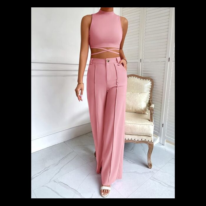 ⁦طقم مكون من قطعتين توب قصير وبنطلون واسع الساق للنساء لون زهري⁩ - الصورة ⁦6⁩