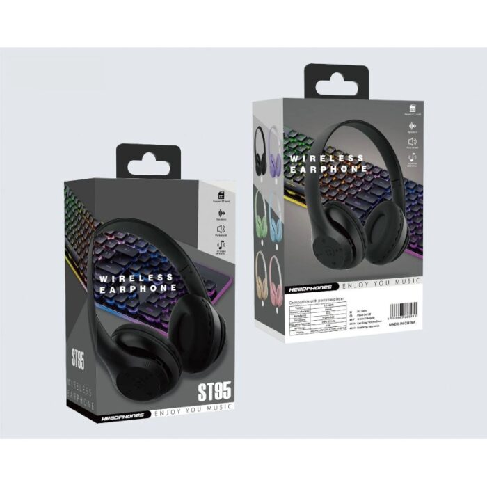 ⁦سماعة لاسلكية ST95 لون أسود تدعم ذاكرة خارجية Wireless Earphone⁩ - الصورة ⁦2⁩