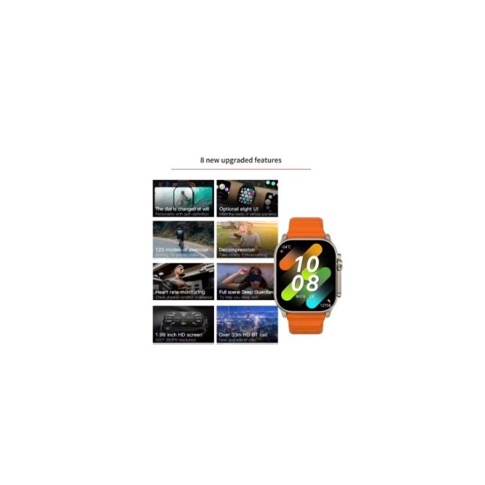 ⁦ساعة ذكية T900 الترا شاشة 1.99 بوصة، تدعم الاتصال البلوتوث والرد على المكالمات الشحن اللاسلكي (أسود) - حزام لون رمادي⁩ - الصورة ⁦5⁩