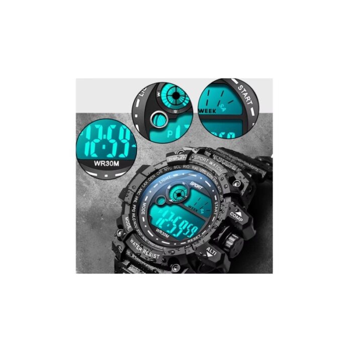 ⁦ساعة رياضية رقمية مع إضاءة LED جديدة للرجال  مقاومة للماء للرجال - لون أسود مع ذهبي - موديل WR30⁩ - الصورة ⁦2⁩