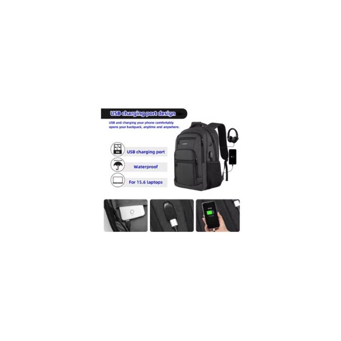 ⁦حقيبة ظهر للابتوب والسفر مع منفذ شحن USB ومنفذ لكيبل سماعة الرأس - سعة كبيرة ومقاومة للماء - تناسب لابتوب  مقاس 15.6 بوصة  - لون أسود- ماركة DOXUNGOO⁩ - الصورة ⁦6⁩