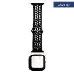 حزام سيليكون رياضي مع حماية شاشة لساعة أبل، متوافقة مع سلسلة ساعات ابل بمقاسات: 42 - 44 ملم - لون أسود مع أبيض