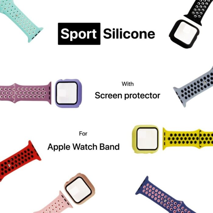 ⁦حزام سيليكون رياضي مع حماية شاشة لساعة أبل، متوافقة مع سلسلة ساعات ابل بمقاسات: 42 - 44 ملم - لون أسود مع أبيض⁩ - الصورة ⁦2⁩