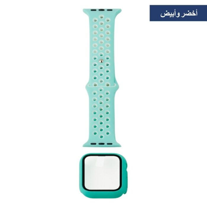 103379071_67de1937e27e3 حزام سيليكون رياضي مع حماية شاشة لساعة أبل، متوافقة مع سلسلة ساعات ابل بمقاسات: 42 - 44 ملم - لون أخضر مع أبيض - الصورة 1