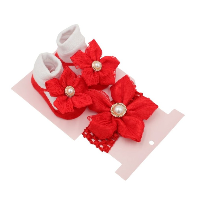 ⁦طقم قطعتين جرابات وطوق للشعر للأطفال لون أحمر⁩ - الصورة ⁦1⁩