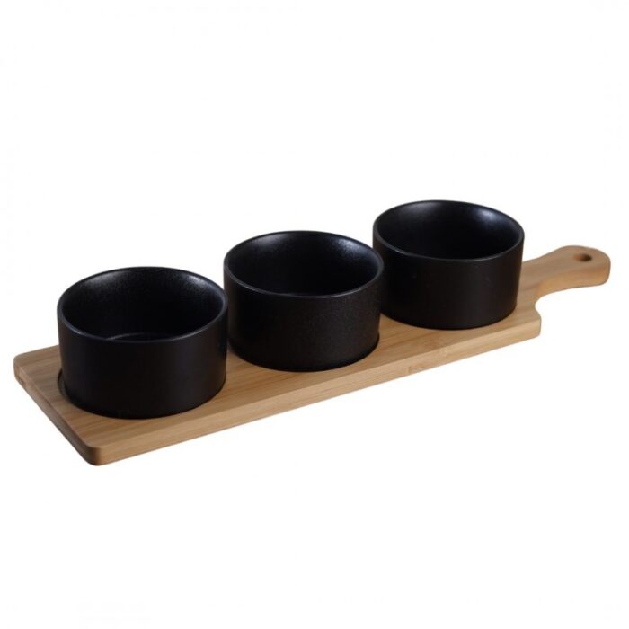 ⁦صينية خشبيه مع 3 أطباق سيراميكية دائرية⁩ - الصورة ⁦2⁩