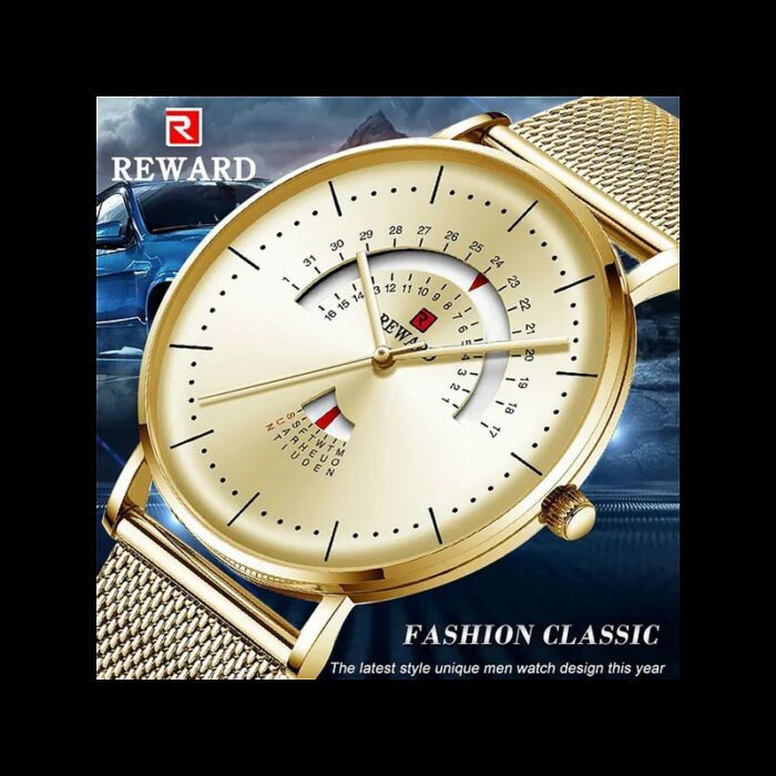 ⁦ساعة ريواردكوارتز تقويم بحزام شبكي للرجال لون ذهبي-REWARD Men's Luxury Watch Mesh Belt Waterproof⁩ - الصورة ⁦2⁩