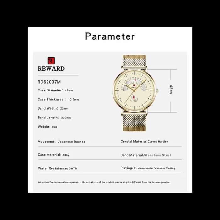 ⁦ساعة ريواردكوارتز تقويم بحزام شبكي للرجال لون ذهبي-REWARD Men's Luxury Watch Mesh Belt Waterproof⁩ - الصورة ⁦3⁩