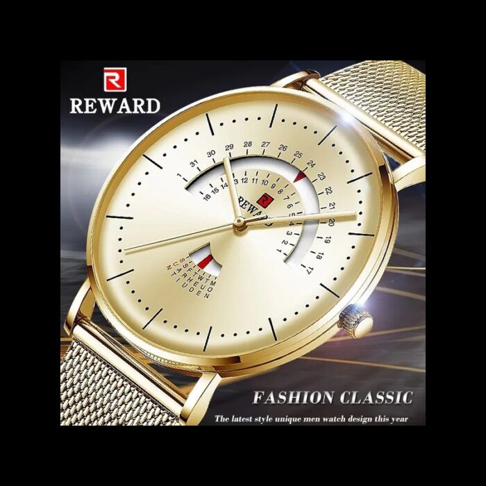⁦ساعة ريواردكوارتز تقويم بحزام شبكي للرجال لون ذهبي-REWARD Men's Luxury Watch Mesh Belt Waterproof⁩ - الصورة ⁦5⁩