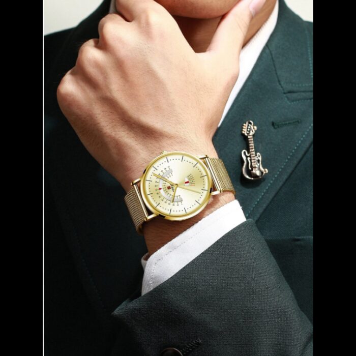 ⁦ساعة ريواردكوارتز تقويم بحزام شبكي للرجال لون ذهبي-REWARD Men's Luxury Watch Mesh Belt Waterproof⁩ - الصورة ⁦10⁩