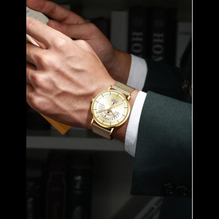 ⁦ساعة ريواردكوارتز تقويم بحزام شبكي للرجال لون ذهبي-REWARD Men's Luxury Watch Mesh Belt Waterproof⁩ - الصورة ⁦11⁩