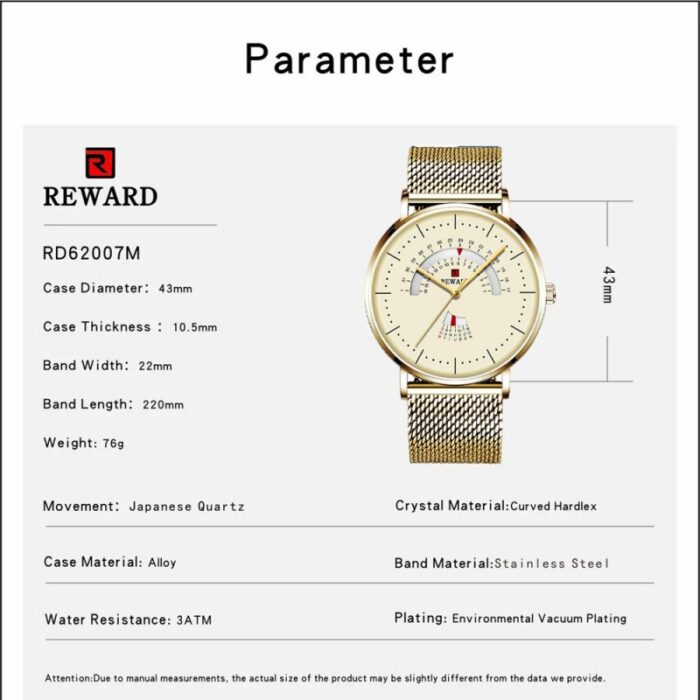 ⁦ساعة ريواردكوارتز تقويم بحزام شبكي للرجال لون ذهبي-REWARD Men's Luxury Watch Mesh Belt Waterproof⁩ - الصورة ⁦15⁩