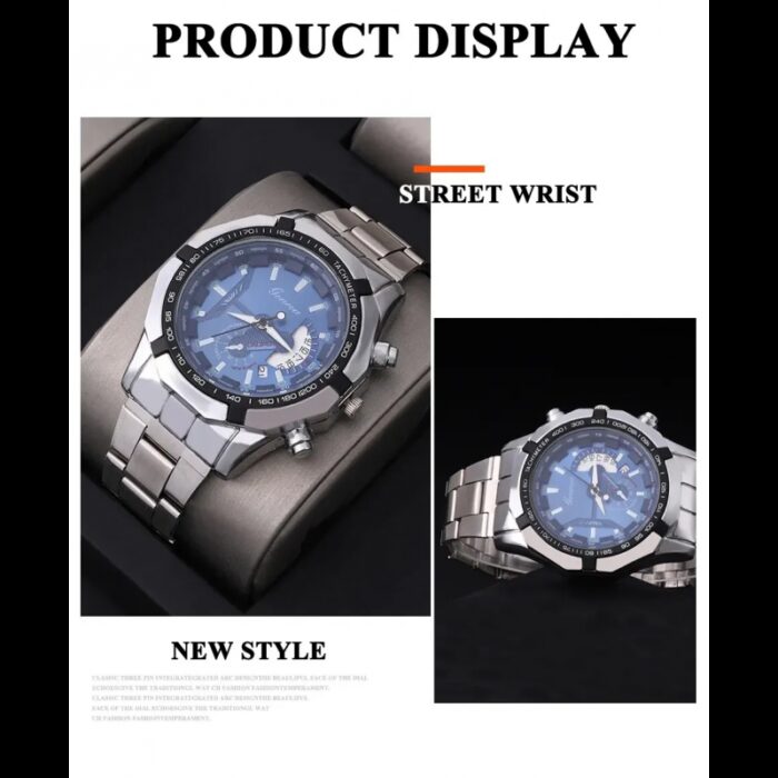 ⁦ساعة عقارب مع تاريخ معدنية ازرق سماوي  و فضي⁩ - الصورة ⁦5⁩