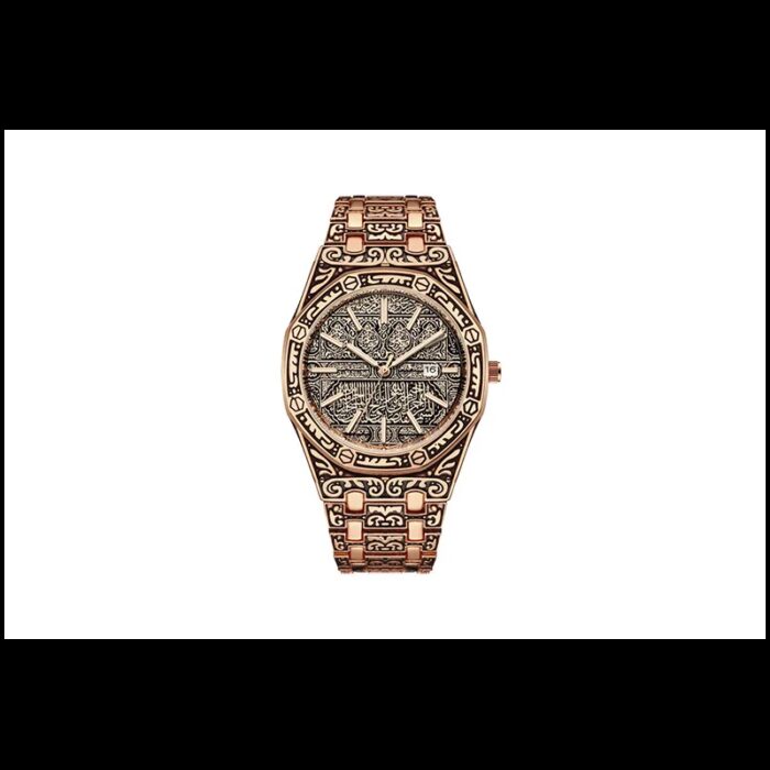 10332026_67fac70bb3ea3 ساعة معدنية مزخرفة بآيات قرآنية للرجال لون ذهبي - الصورة 1