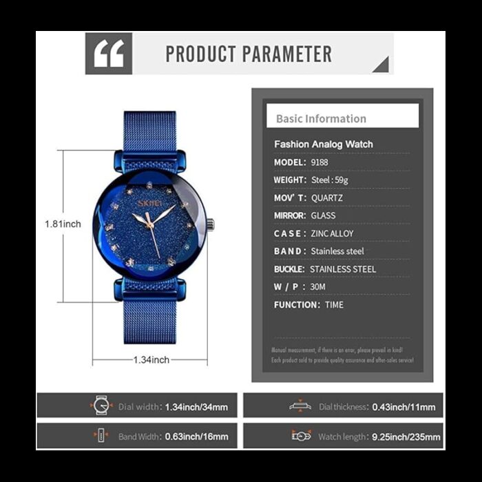 ⁦ساعة يد كوارتز ستانلس من skmei للنساء لون أزرق⁩ - الصورة ⁦5⁩